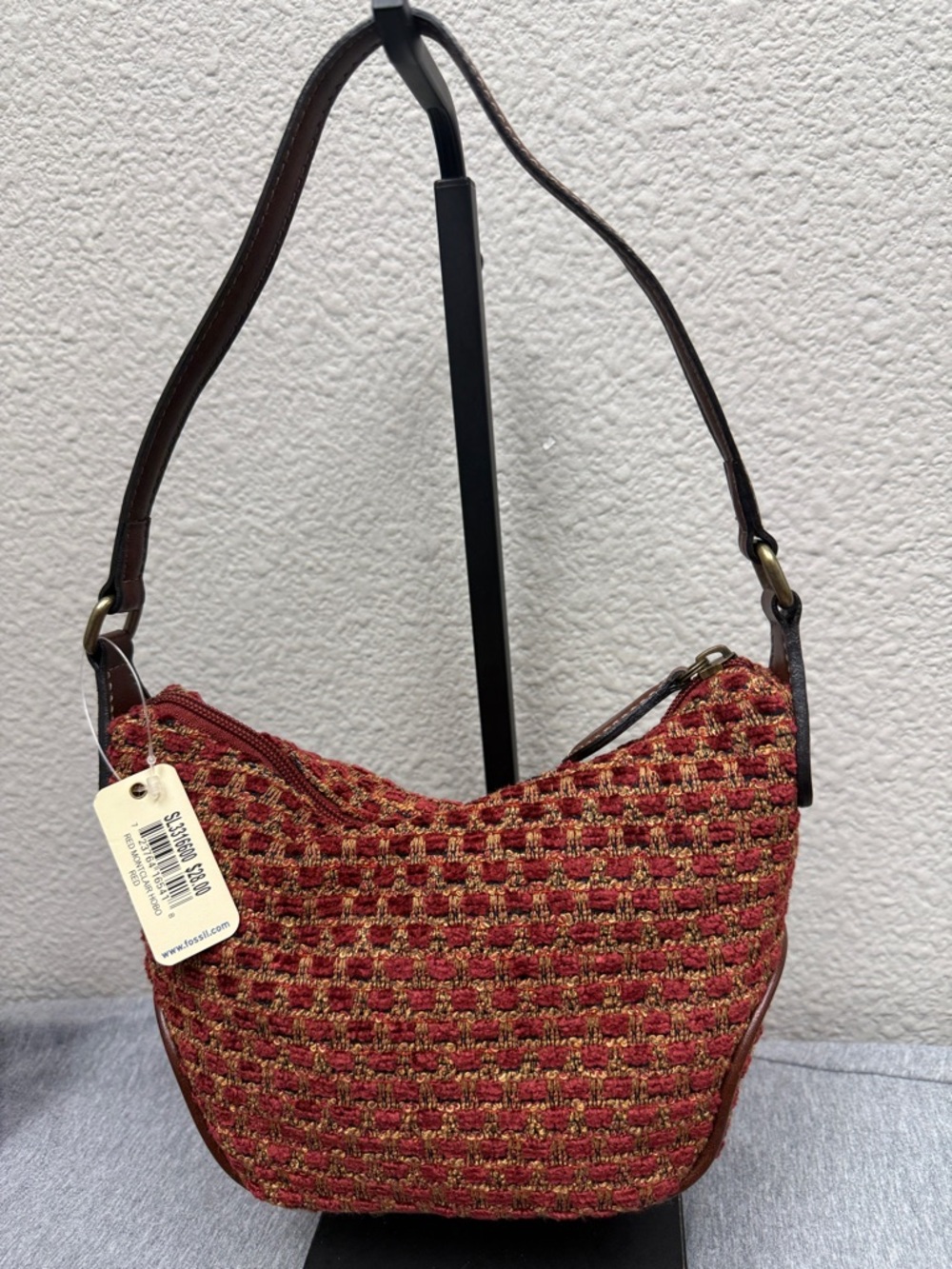 Vintage Velvet Woven Red Mini Hobo Bag with Brown Strap